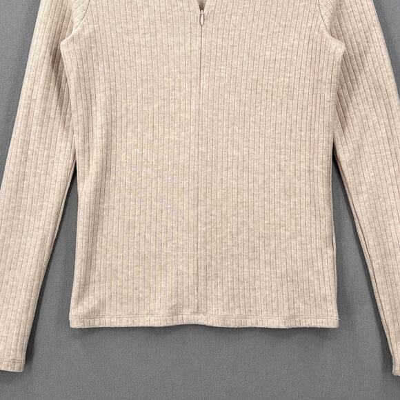 VINCE Ribbed Half Zip Turtleneck Long Sleeve Top Womens Small Tan Stretch Knit - Picture 7 of 16